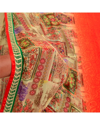 Sanskriti Vintage Indian Orange Sarees Georgette Printed Sari Soft Craft Fabric, PRG-3589-Orange-Printed Floral Design-Poly Georgette-4