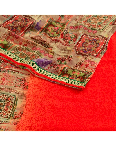 Sanskriti Vintage Indian Orange Sarees Georgette Printed Sari Soft Craft Fabric, PRG-3589-Orange-Printed Floral Design-Poly Georgette-7