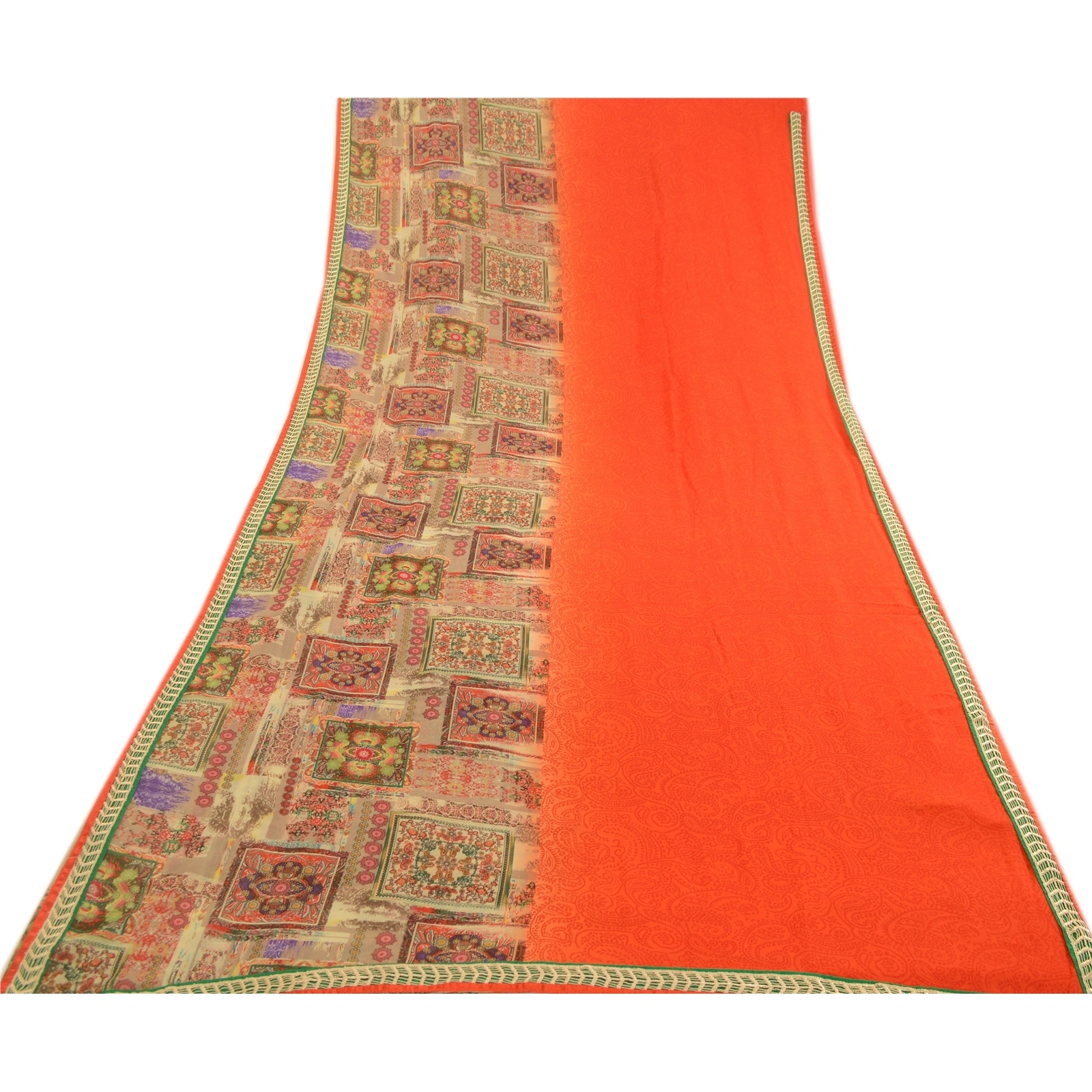 Sanskriti Vintage Indian Orange Sarees Georgette Printed Sari Soft Craft Fabric, PRG-3589-Orange-Printed Floral Design-Poly Georgette-8