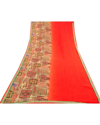 Sanskriti Vintage Indian Orange Sarees Georgette Printed Sari Soft Craft Fabric, PRG-3589-Orange-Printed Floral Design-Poly Georgette-8