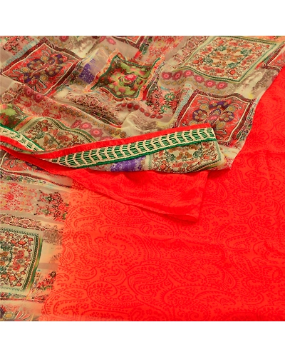 Sanskriti Vintage Indian Orange Sarees Georgette Printed Sari Soft Craft Fabric, PRG-3589-Orange-Printed Floral Design-Poly Georgette-9