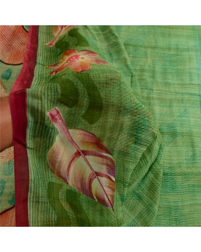 Sanskriti Vintage Green Sarees Pure Georgette Silk Printed Sari Craft 5Yd Fabric, PRG-3615-Green-Printed Floral Design-Pure Georgette Silk-4