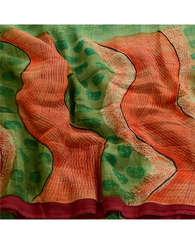 Sanskriti Vintage Green Sarees Pure Georgette Silk Printed Sari Craft 5Yd Fabric, PRG-3615-Green-Printed Floral Design-Pure Georgette Silk-6