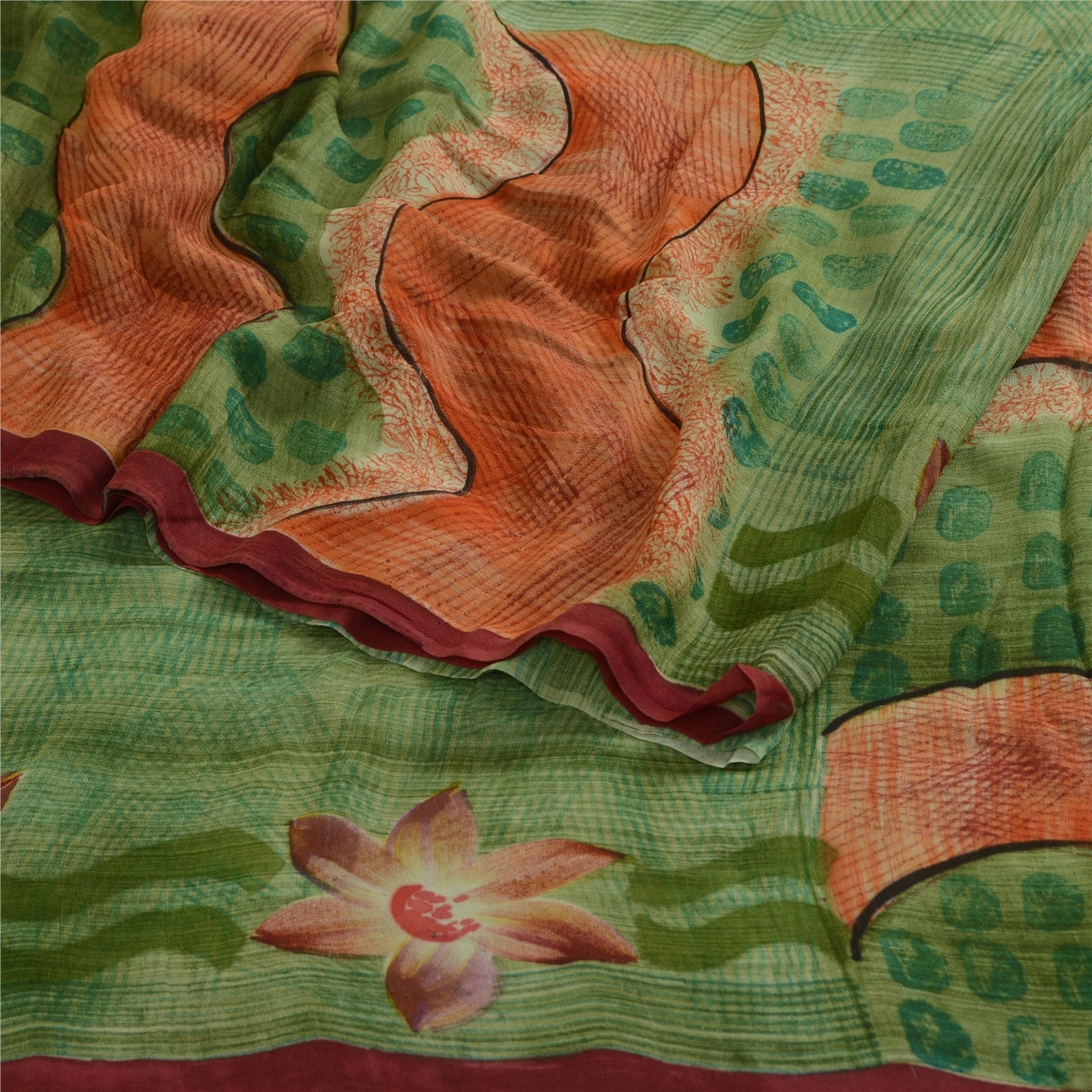 Sanskriti Vintage Green Sarees Pure Georgette Silk Printed Sari Craft 5Yd Fabric, PRG-3615-Green-Printed Floral Design-Pure Georgette Silk-7