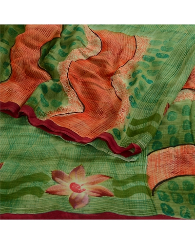 Sanskriti Vintage Green Sarees Pure Georgette Silk Printed Sari Craft 5Yd Fabric, PRG-3615-Green-Printed Floral Design-Pure Georgette Silk-7