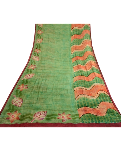 Sanskriti Vintage Green Sarees Pure Georgette Silk Printed Sari Craft 5Yd Fabric, PRG-3615-Green-Printed Floral Design-Pure Georgette Silk-8