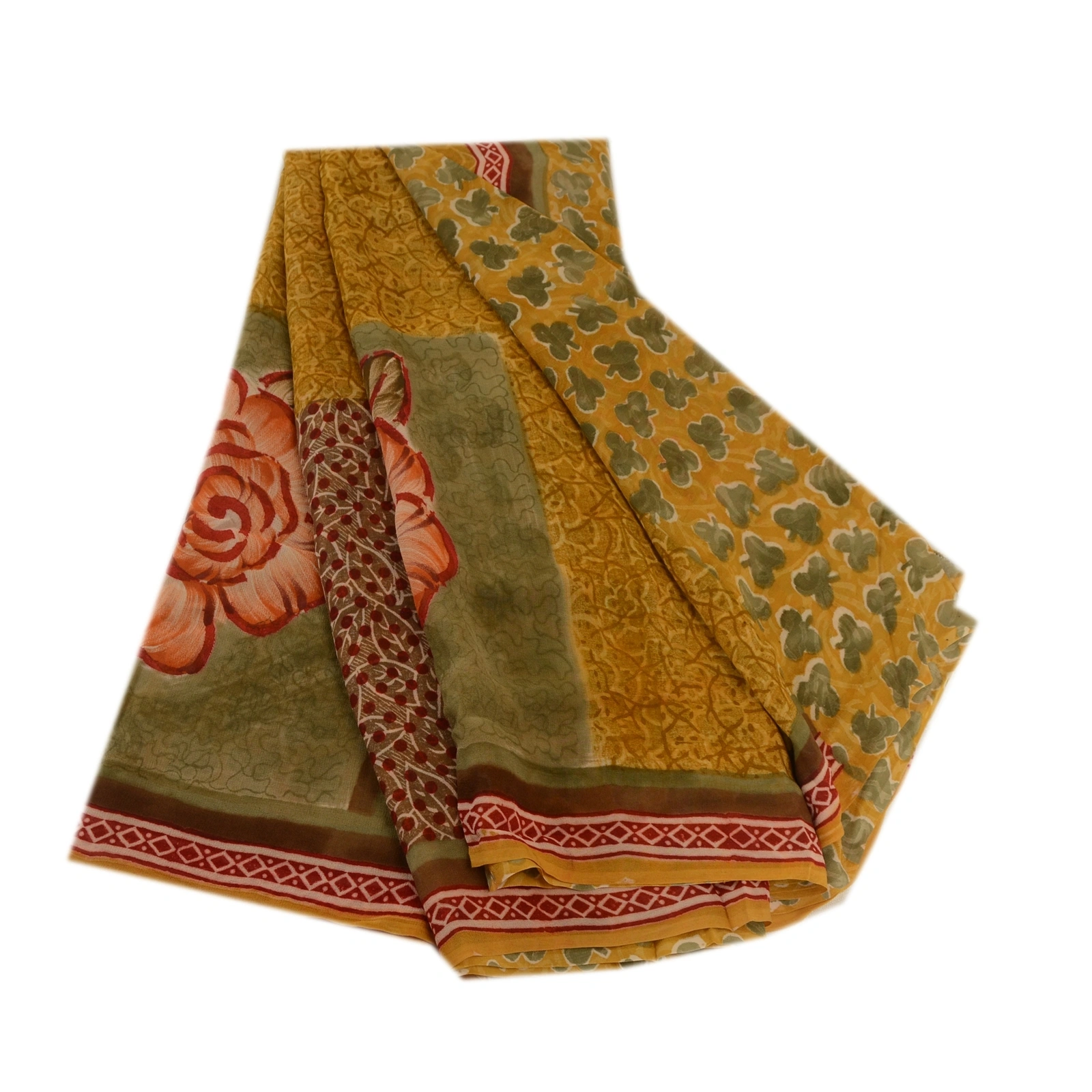 Sanskriti Vintage Mustard Sarees Pure Georgette Silk Printed Sari Craft Fabric, PRG-3637-Mustard-Printed Floral Design-Pure Georgette Silk-2