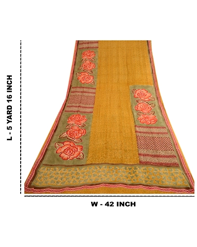Sanskriti Vintage Mustard Sarees Pure Georgette Silk Printed Sari Craft Fabric, PRG-3637-Mustard-Printed Floral Design-Pure Georgette Silk-3