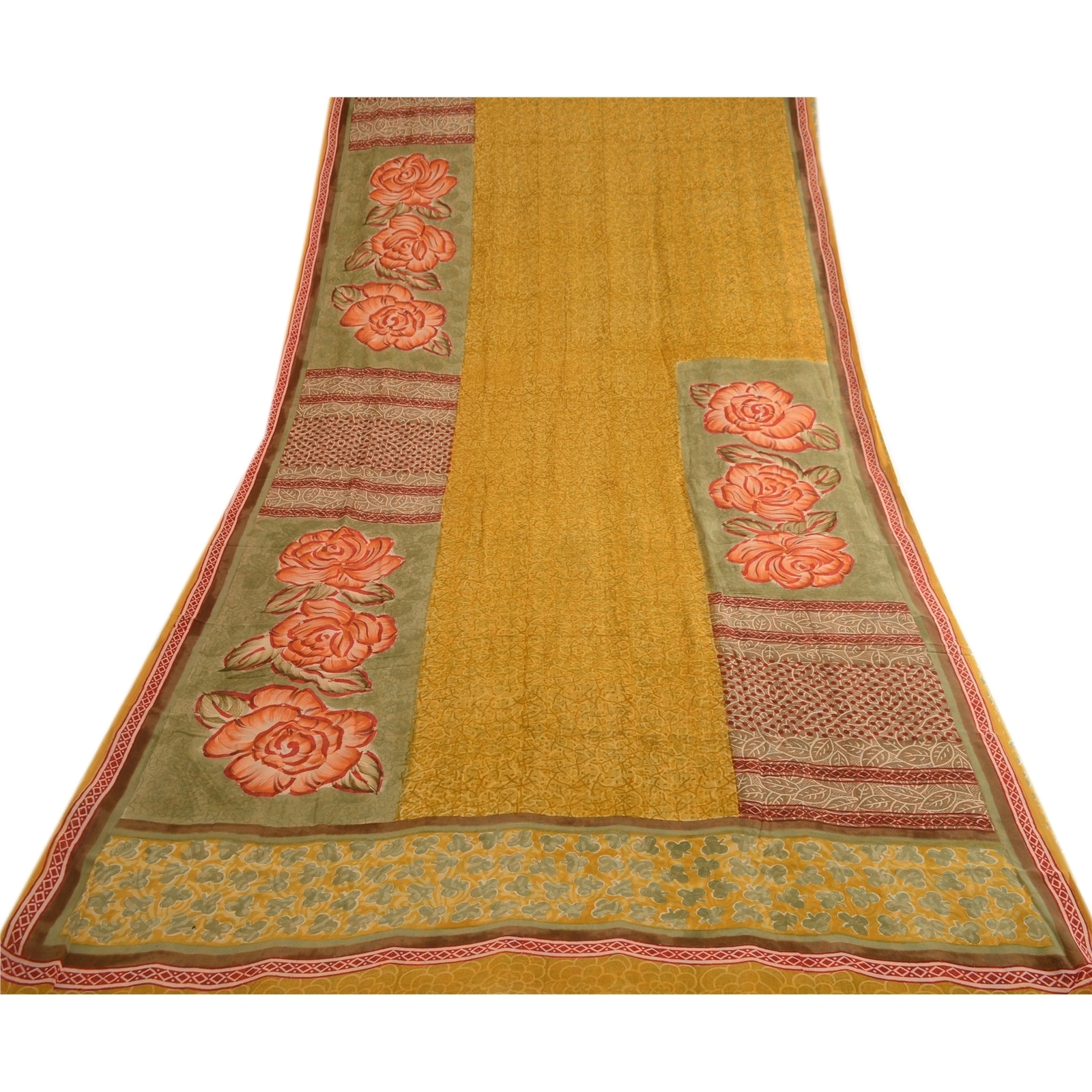 Sanskriti Vintage Mustard Sarees Pure Georgette Silk Printed Sari Craft Fabric, PRG-3637-Mustard-Printed Floral Design-Pure Georgette Silk-8