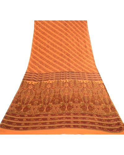 Sanskriti Vintage Orange Sarees Pure Georgette Silk Printed Sari Craft Fabric, PRG-3678-Orange-Printed Floral Design-Pure Georgette Silk-8