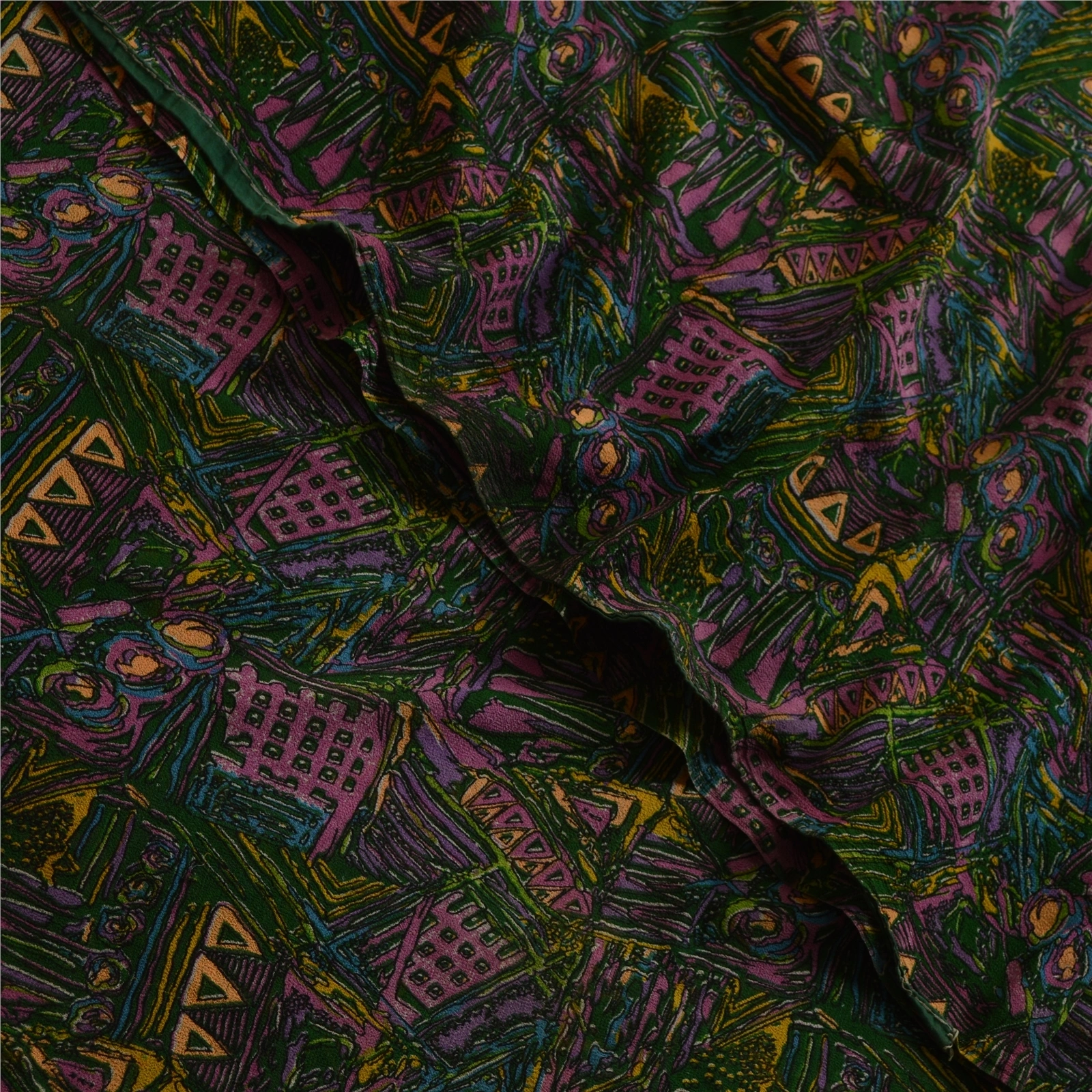 Sanskriti Vintage Green Indian Sarees Georgette Printed 5Yard Sari Craft Fabric, PRG-3751-Green-Printed Work-Poly Georgette-1