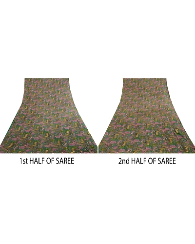 Sanskriti Vintage Green Indian Sarees Georgette Printed 5Yard Sari Craft Fabric, PRG-3751-Green-Printed Work-Poly Georgette-5