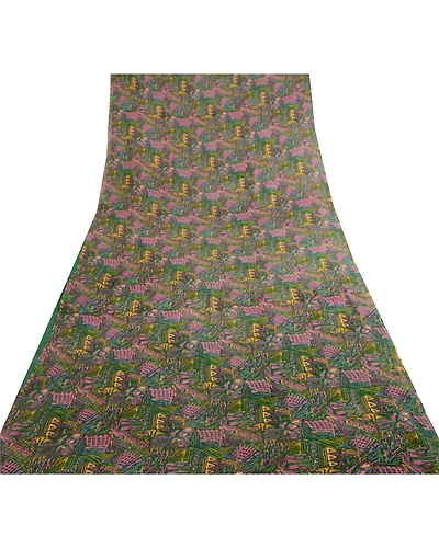 Sanskriti Vintage Green Indian Sarees Georgette Printed 5Yard Sari Craft Fabric, PRG-3751-Green-Printed Work-Poly Georgette-8