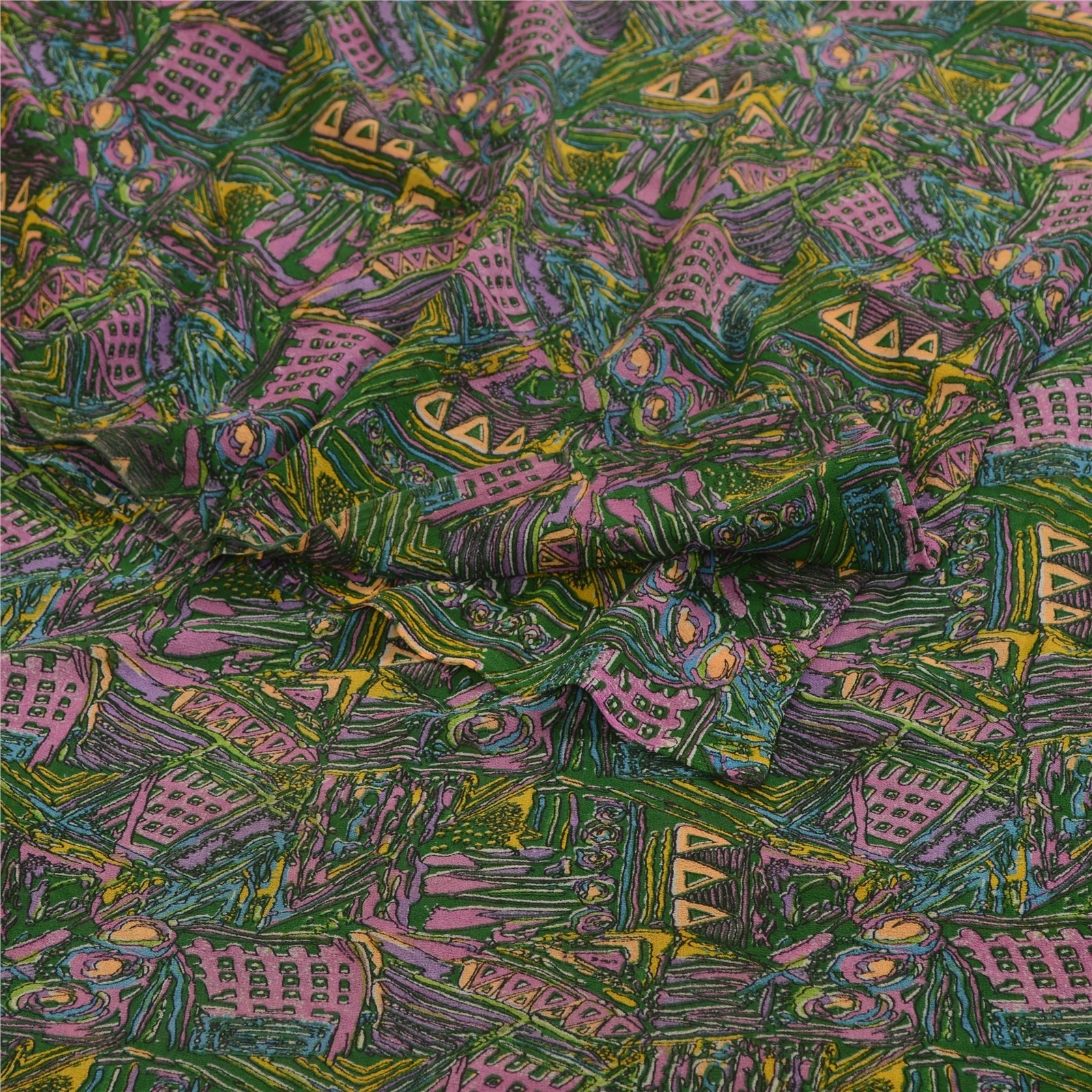 Sanskriti Vintage Green Indian Sarees Georgette Printed 5Yard Sari Craft Fabric, PRG-3751-Green-Printed Work-Poly Georgette-9