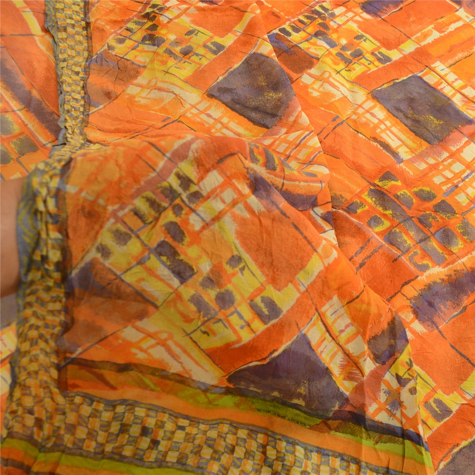 Sanskriti Vintage Indian Orange Sarees Pure Georgette Silk Printed Sari Fabric, PRG-3857-Orange-Printed Floral Design-Pure Georgette Silk-4