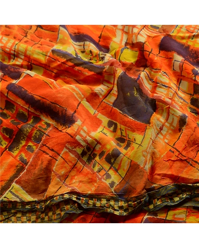 Sanskriti Vintage Indian Orange Sarees Pure Georgette Silk Printed Sari Fabric, PRG-3857-Orange-Printed Floral Design-Pure Georgette Silk-6