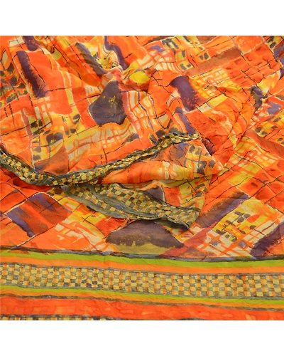 Sanskriti Vintage Indian Orange Sarees Pure Georgette Silk Printed Sari Fabric, PRG-3857-Orange-Printed Floral Design-Pure Georgette Silk-9