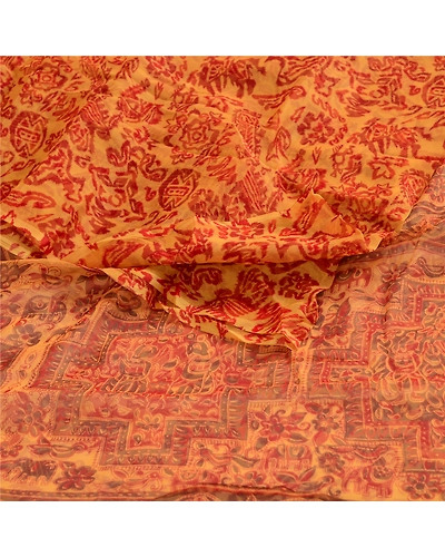 Sanskriti Vintage Yellow Sarees Pure Chiffon Silk Printed Sari 5Yd Craft Fabric, PRG-3886-Yellow-Printed Floral Design-Pure Chiffon Silk-9