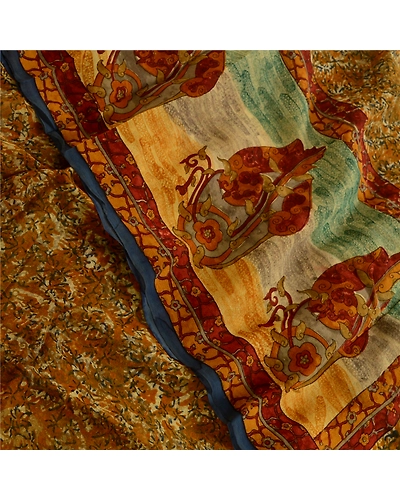 Sanskriti Vintage Green Sarees Pure Georgette Silk Printed Sari 5Yd Craft Fabric, PRG-3967-Mustard Green-Printed Floral Design-Pure Georgette Silk-1
