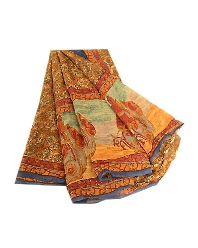 Sanskriti Vintage Green Sarees Pure Georgette Silk Printed Sari 5Yd Craft Fabric, PRG-3967-Mustard Green-Printed Floral Design-Pure Georgette Silk-2