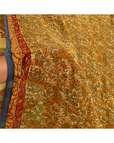 Sanskriti Vintage Green Sarees Pure Georgette Silk Printed Sari 5Yd Craft Fabric, PRG-3967-Mustard Green-Printed Floral Design-Pure Georgette Silk-4