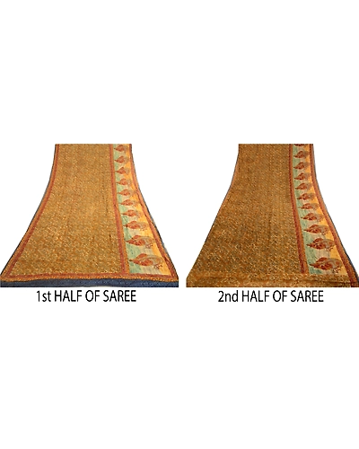 Sanskriti Vintage Green Sarees Pure Georgette Silk Printed Sari 5Yd Craft Fabric, PRG-3967-Mustard Green-Printed Floral Design-Pure Georgette Silk-5