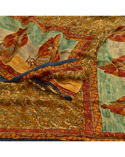 Sanskriti Vintage Green Sarees Pure Georgette Silk Printed Sari 5Yd Craft Fabric, PRG-3967-Mustard Green-Printed Floral Design-Pure Georgette Silk-9