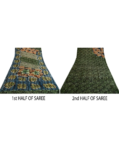 Sanskriti Vintage Green Sarees Pure Georgette Silk Iprinted Sari Craft Fabric, PRG-3990-Green-Printed Floral Design-Pure Georgette Silk-5