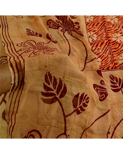 Sanskriti Vintage Brown Sarees Pure Georgette Silk Printed Sari 5Yd Craft Fabric, PRG-4009-Brown-Printed Floral Design-Pure Georgette Silk-4