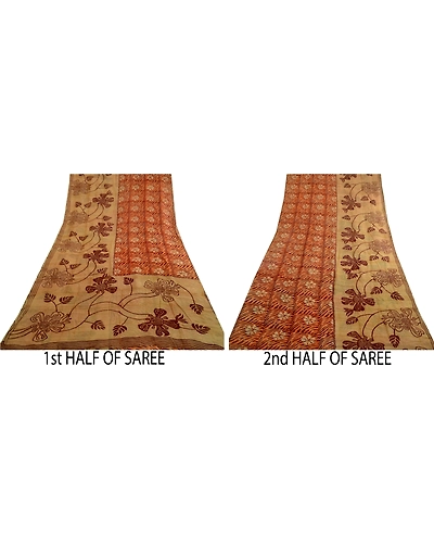 Sanskriti Vintage Brown Sarees Pure Georgette Silk Printed Sari 5Yd Craft Fabric, PRG-4009-Brown-Printed Floral Design-Pure Georgette Silk-5