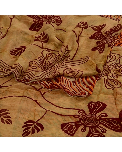 Sanskriti Vintage Brown Sarees Pure Georgette Silk Printed Sari 5Yd Craft Fabric, PRG-4009-Brown-Printed Floral Design-Pure Georgette Silk-9