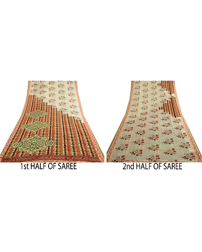 Sanskriti Vintage Ivory Sarees Pure Georgette Silk Printed Sari 5Yd Craft Fabric, PRG-4048-Ivory-Printed Floral Design-Pure Georgette Silk-5