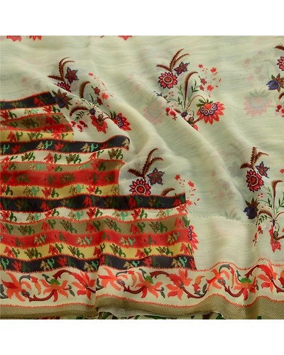 Sanskriti Vintage Ivory Sarees Pure Georgette Silk Printed Sari 5Yd Craft Fabric, PRG-4048-Ivory-Printed Floral Design-Pure Georgette Silk-6