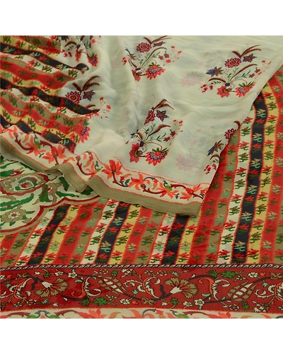Sanskriti Vintage Ivory Sarees Pure Georgette Silk Printed Sari 5Yd Craft Fabric, PRG-4048-Ivory-Printed Floral Design-Pure Georgette Silk-7