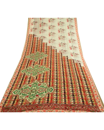 Sanskriti Vintage Ivory Sarees Pure Georgette Silk Printed Sari 5Yd Craft Fabric, PRG-4048-Ivory-Printed Floral Design-Pure Georgette Silk-8