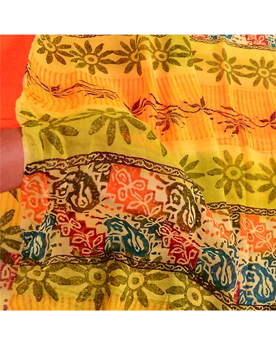 Sanskriti Vintage Yellow Sarees Pure Georgette Silk Printed Sari Craft Fabric, PRG-4062-Yellow-Printed Floral Design-Pure Georgette Silk-4