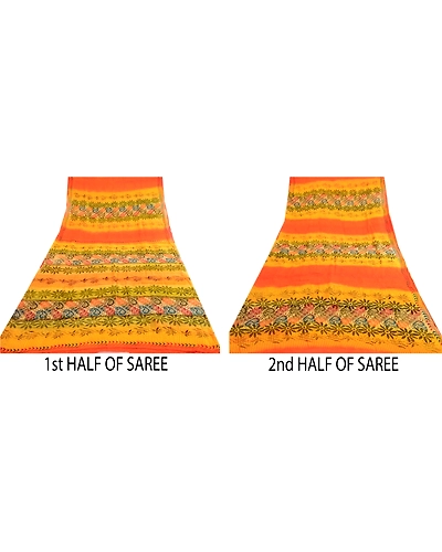 Sanskriti Vintage Yellow Sarees Pure Georgette Silk Printed Sari Craft Fabric, PRG-4062-Yellow-Printed Floral Design-Pure Georgette Silk-5