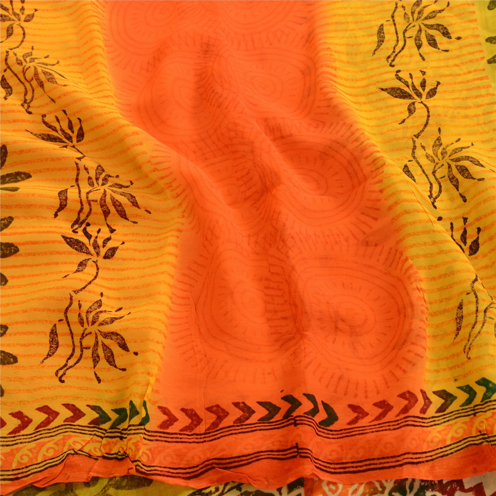 Sanskriti Vintage Yellow Sarees Pure Georgette Silk Printed Sari Craft Fabric, PRG-4062-Yellow-Printed Floral Design-Pure Georgette Silk-6