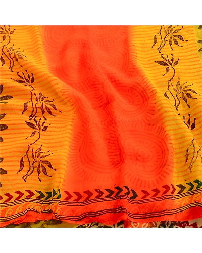 Sanskriti Vintage Yellow Sarees Pure Georgette Silk Printed Sari Craft Fabric, PRG-4062-Yellow-Printed Floral Design-Pure Georgette Silk-6