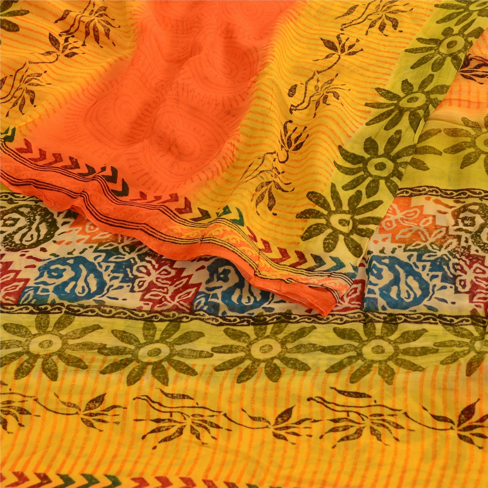 Sanskriti Vintage Yellow Sarees Pure Georgette Silk Printed Sari Craft Fabric, PRG-4062-Yellow-Printed Floral Design-Pure Georgette Silk-7