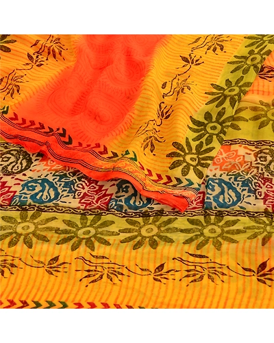 Sanskriti Vintage Yellow Sarees Pure Georgette Silk Printed Sari Craft Fabric, PRG-4062-Yellow-Printed Floral Design-Pure Georgette Silk-7