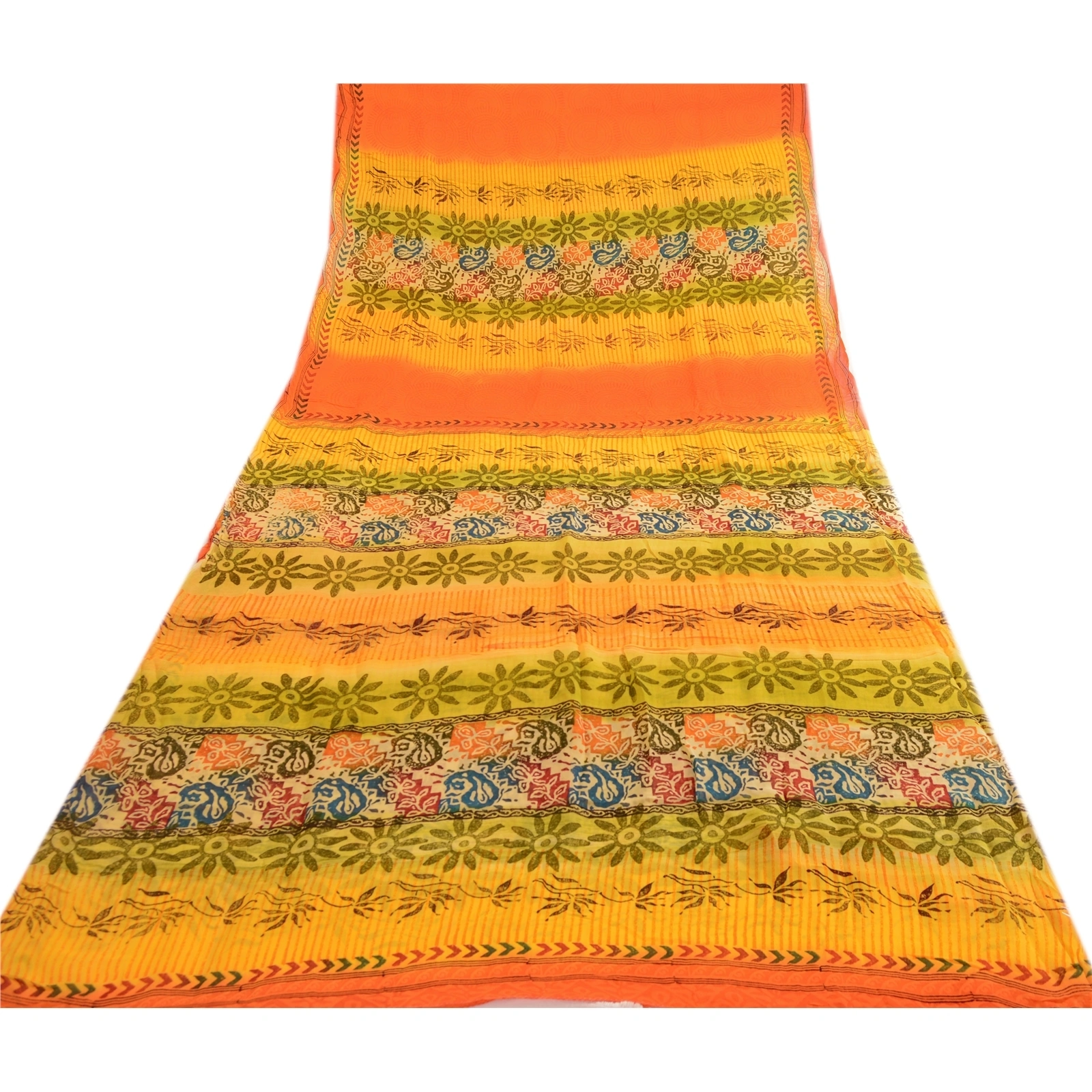 Sanskriti Vintage Yellow Sarees Pure Georgette Silk Printed Sari Craft Fabric, PRG-4062-Yellow-Printed Floral Design-Pure Georgette Silk-8