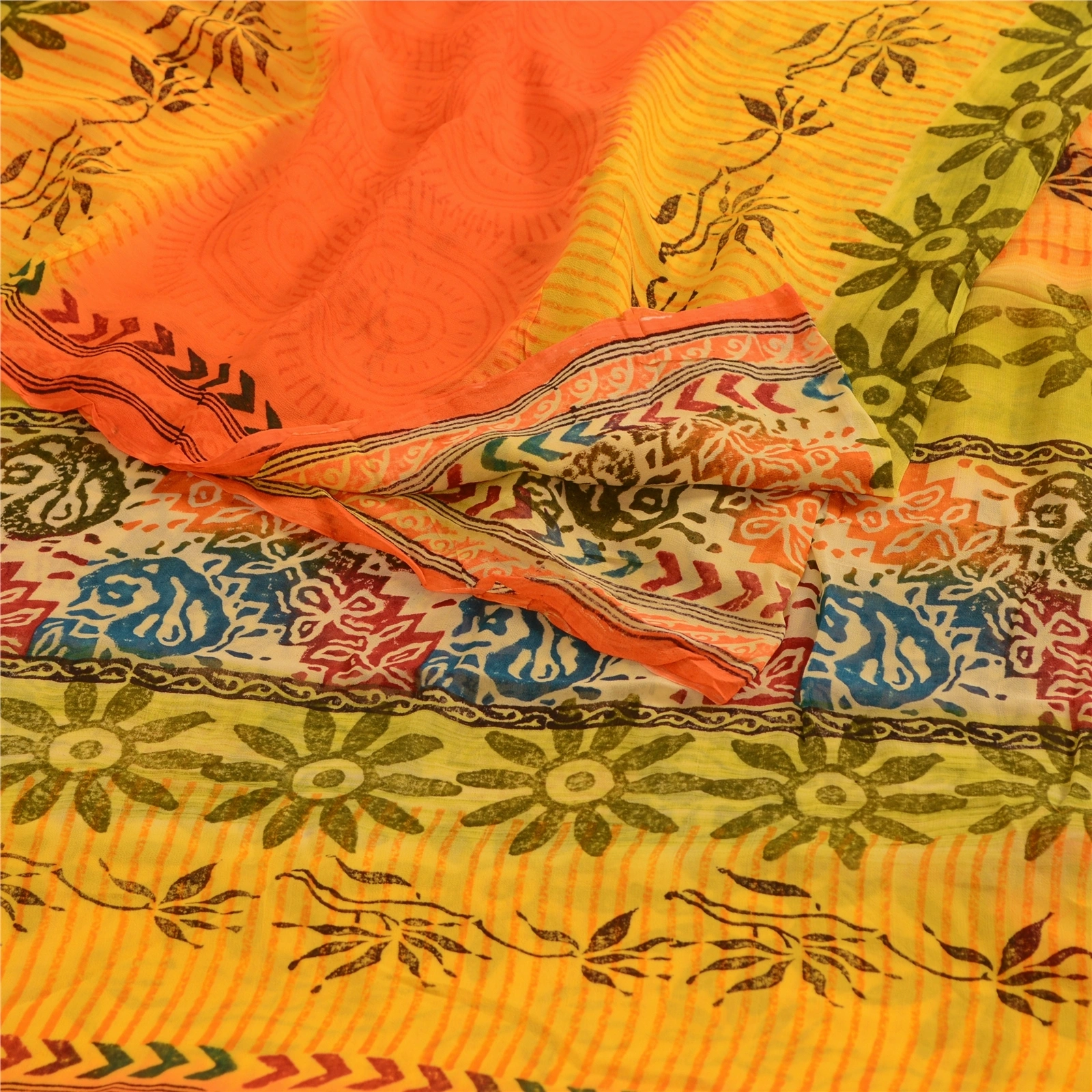 Sanskriti Vintage Yellow Sarees Pure Georgette Silk Printed Sari Craft Fabric, PRG-4062-Yellow-Printed Floral Design-Pure Georgette Silk-9