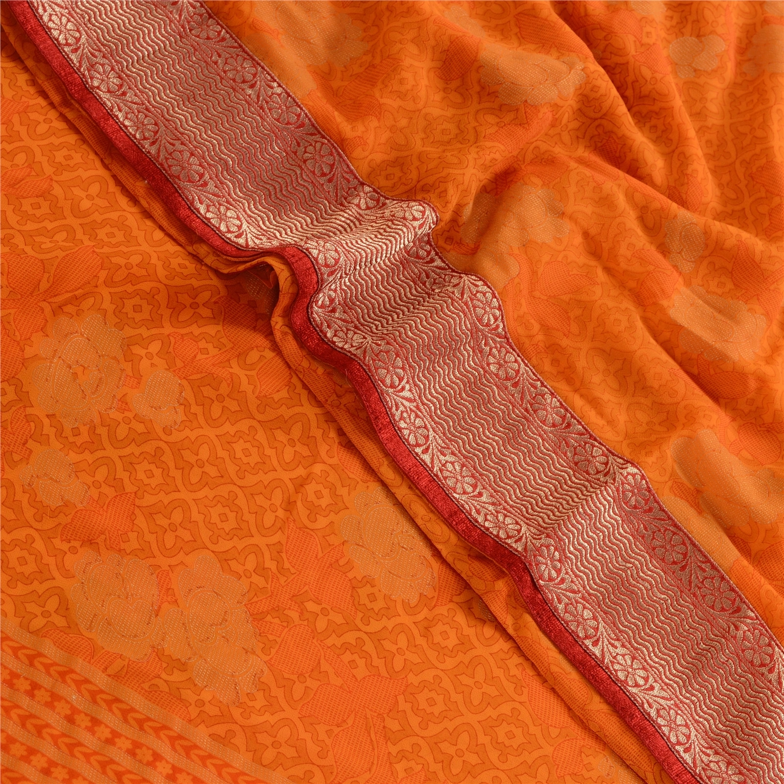 Sanskriti Vintage Orange Indian Sarees Georgette Printed Sari Soft Craft Fabric, PRG-4090-Orange-Printed Floral Design-Poly Georgette-1