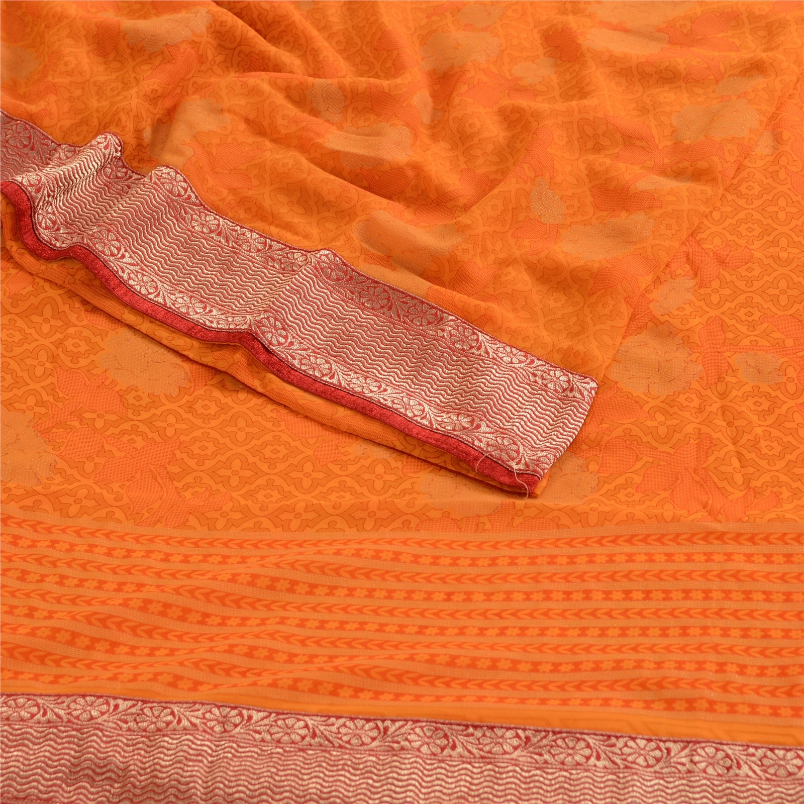 Sanskriti Vintage Orange Indian Sarees Georgette Printed Sari Soft Craft Fabric, PRG-4090-Orange-Printed Floral Design-Poly Georgette-7