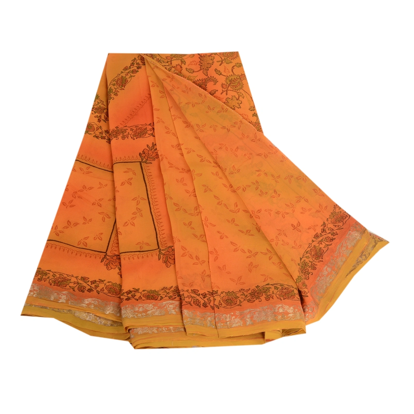 Sanskriti Vintage Orange Sarees Pure Georgette Silk Printed Sari Craft Fabric, PRG-4166-Orange-Printed Floral Design-Pure Georgette Silk-2