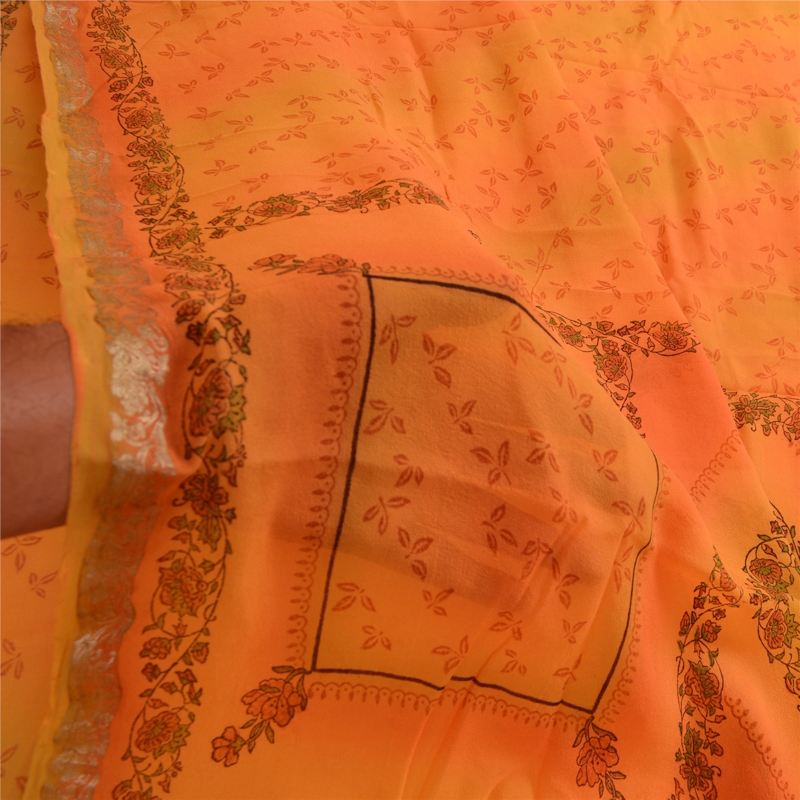 Sanskriti Vintage Orange Sarees Pure Georgette Silk Printed Sari Craft Fabric, PRG-4166-Orange-Printed Floral Design-Pure Georgette Silk-4