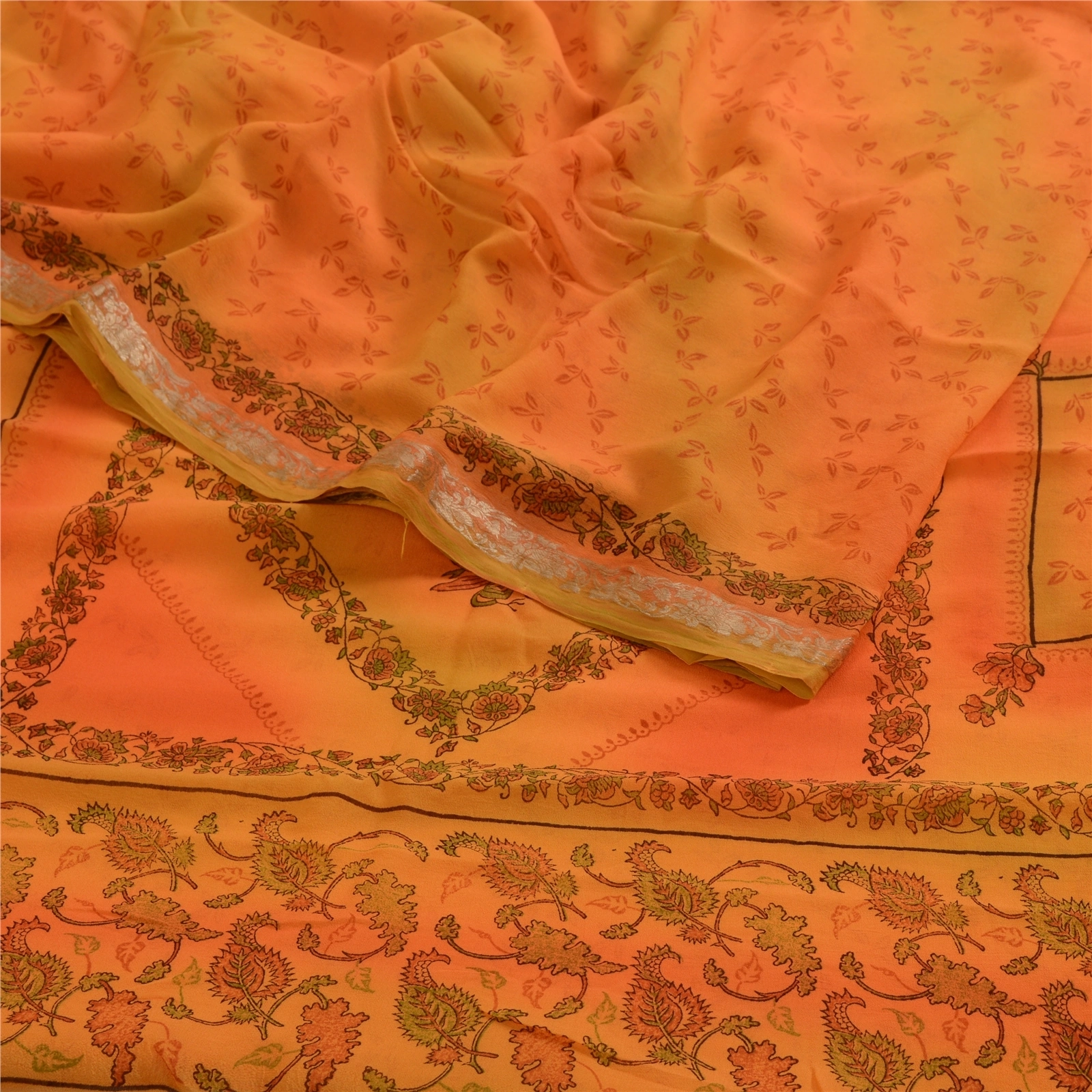 Sanskriti Vintage Orange Sarees Pure Georgette Silk Printed Sari Craft Fabric, PRG-4166-Orange-Printed Floral Design-Pure Georgette Silk-7