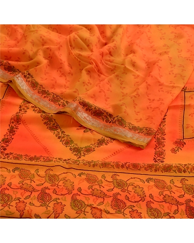 Sanskriti Vintage Orange Sarees Pure Georgette Silk Printed Sari Craft Fabric, PRG-4166-Orange-Printed Floral Design-Pure Georgette Silk-7