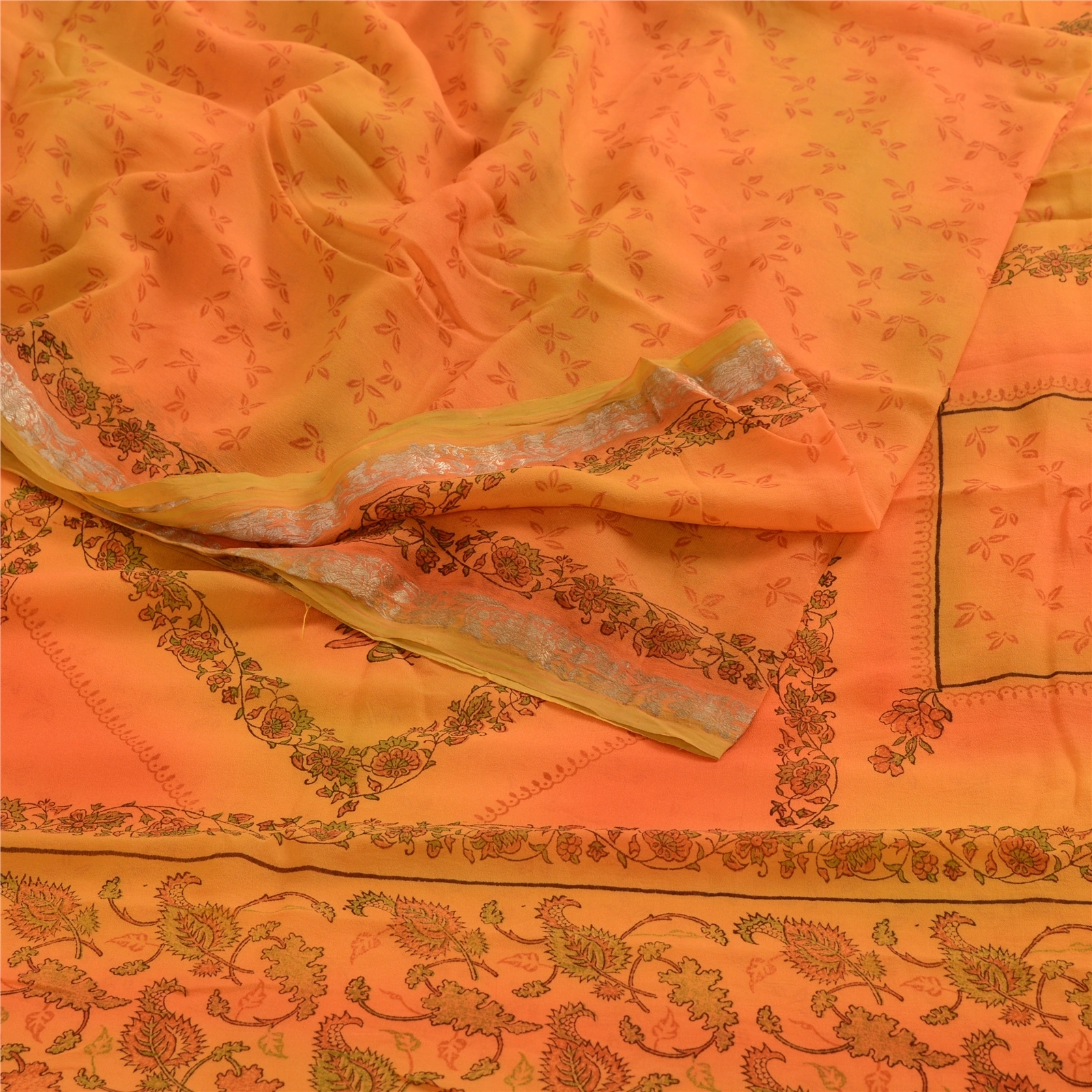 Sanskriti Vintage Orange Sarees Pure Georgette Silk Printed Sari Craft Fabric, PRG-4166-Orange-Printed Floral Design-Pure Georgette Silk-9